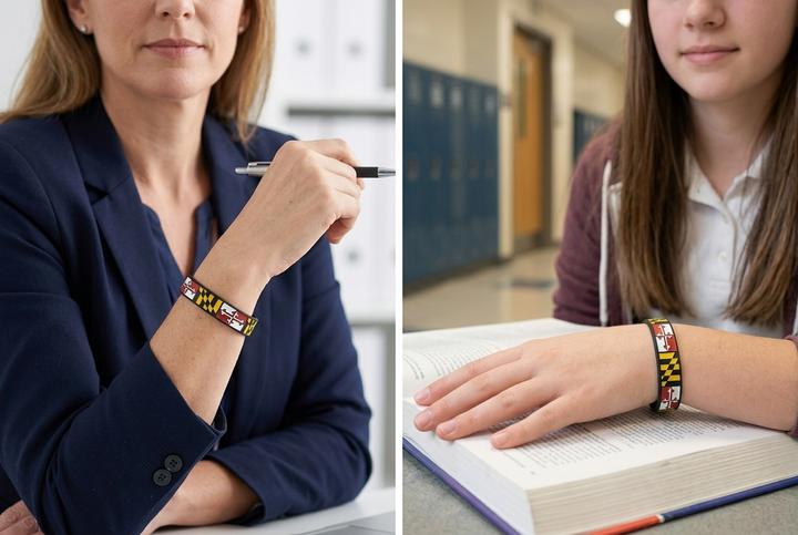 A split-screen lifestyle image showing a woman in a navy blazer and a student in a school hallway, both wearing a Maryland flag silicone bracelet.