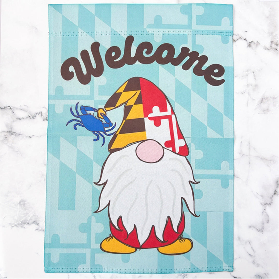 Maryland Flag Gnome Welcome Garden (Sleeve) Flag - Teal Background
