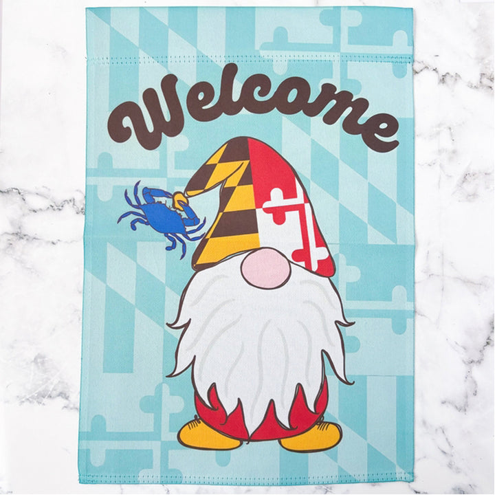 Maryland Flag Gnome Welcome Garden (Sleeve) Flag - Teal Background