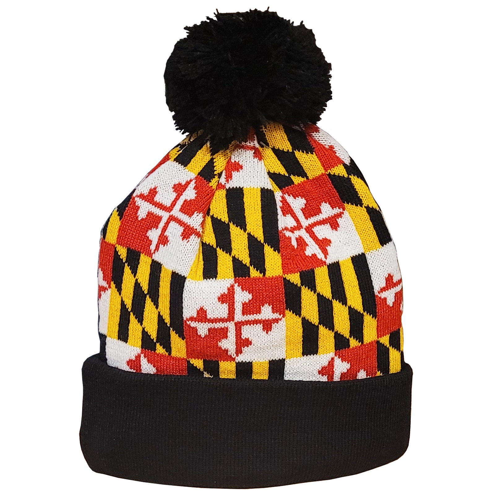 Knitted pom pom hat with Maryland flag pattern