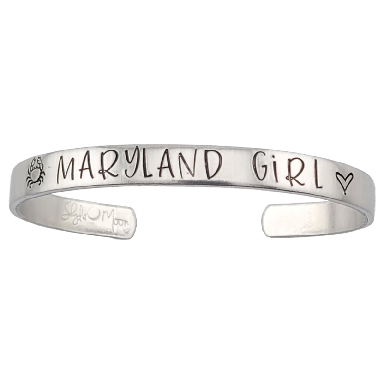 Silver colored bracelet with 'Maryland Girl', a crab, and a heart stamped on the bracelet 