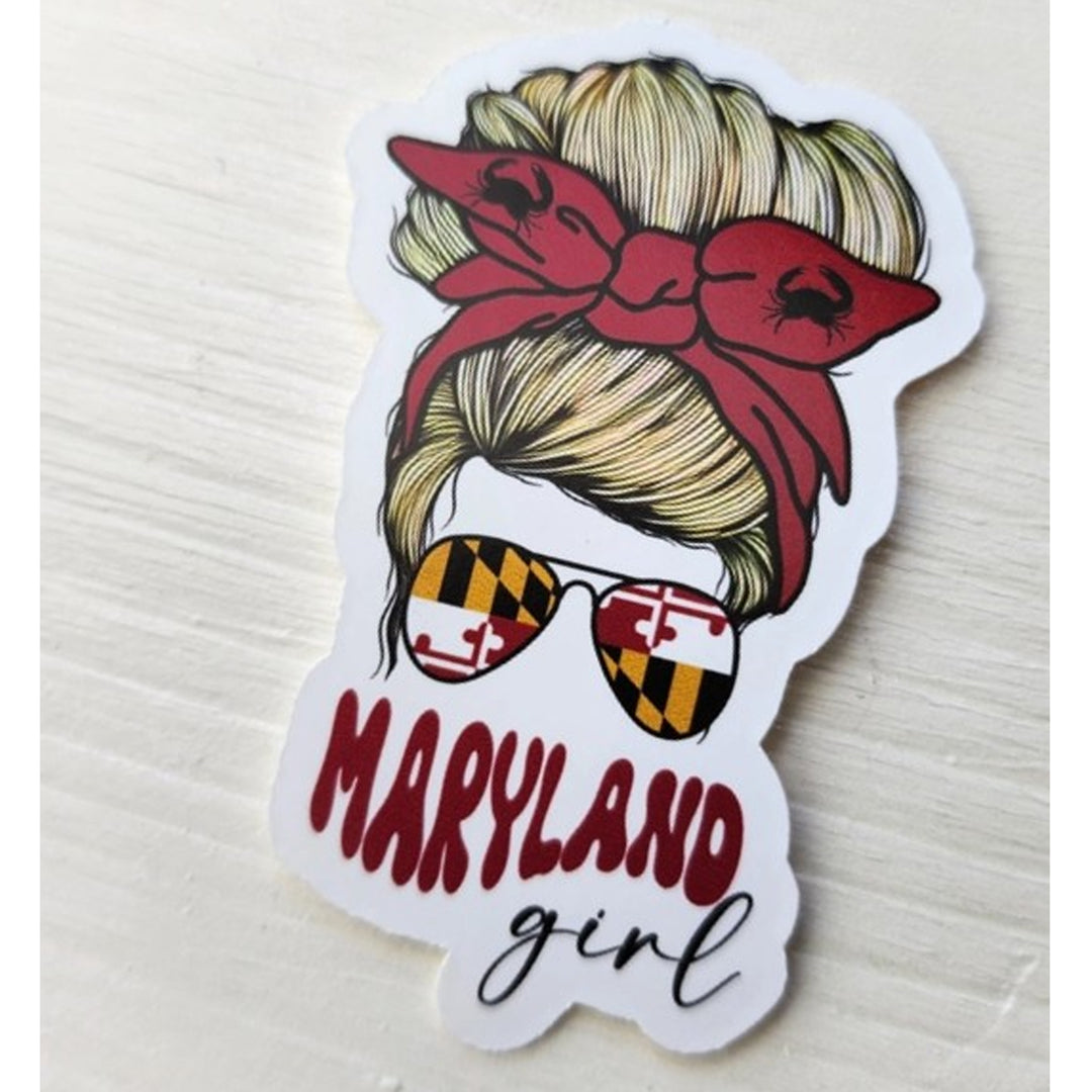 Maryland Girl Die Cut Vinyl Sticker - Red Crab Bow Blond Hair