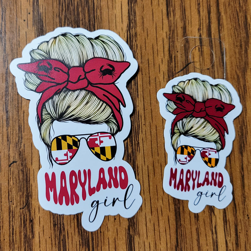 Maryland Girl Die Cut Vinyl Sticker - Red Crab Bow Blond Hair (two sizes)
