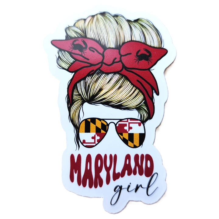 Maryland Girl Die Cut Vinyl Sticker - Red Crab Bow Blond Hair