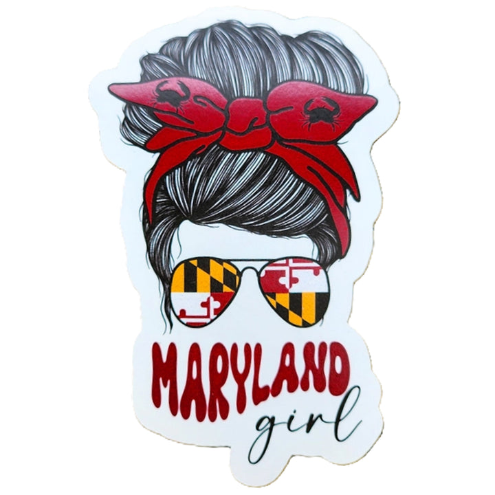 Maryland Girl Die Cut Vinyl Sticker - Red Crab Bow Dark Hair