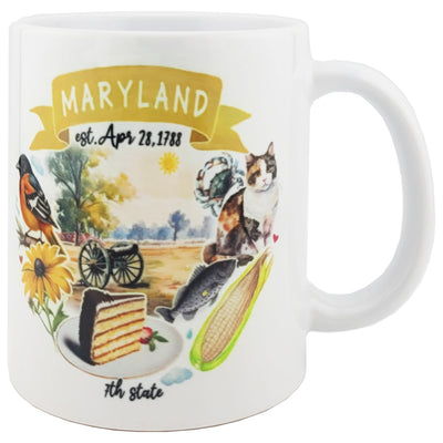 Maryland Heritage 7th State coffee mug featuring a collage of iconic symbols like a crab, oriole, civil war battlefield, ear of corn and more