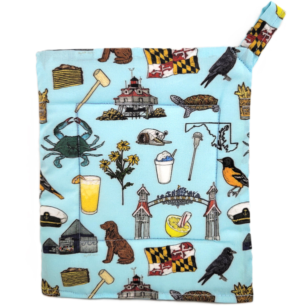 Maryland Icons On Blue Potholder Locally Sewn.