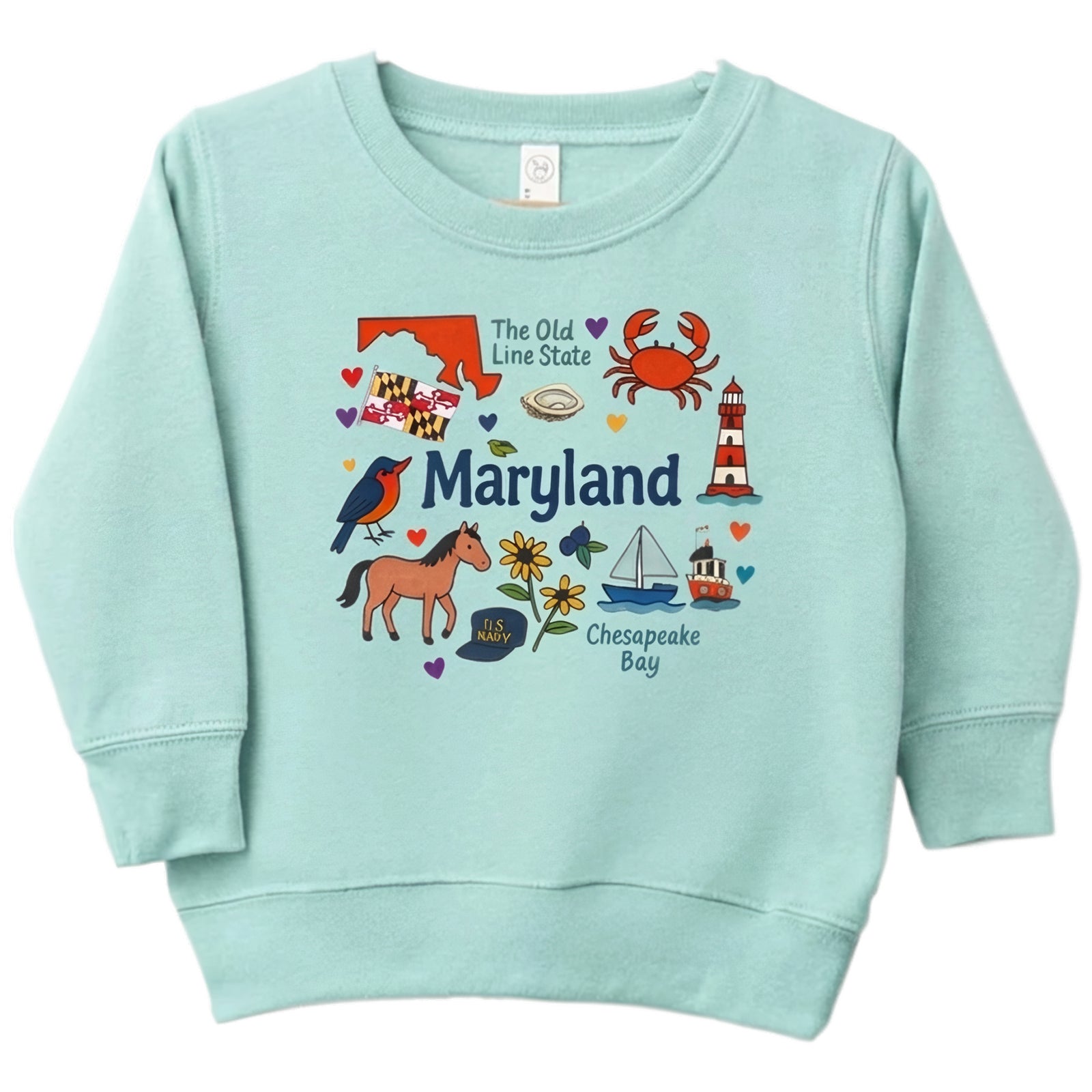 A light mint green kids' sweatshirt featuring a colorful 'Maryland' graphic on the front with illustrations of local landmarks, animals, and text. Maryland Icons Red Crab Old Line State Youth Sweatshirt
