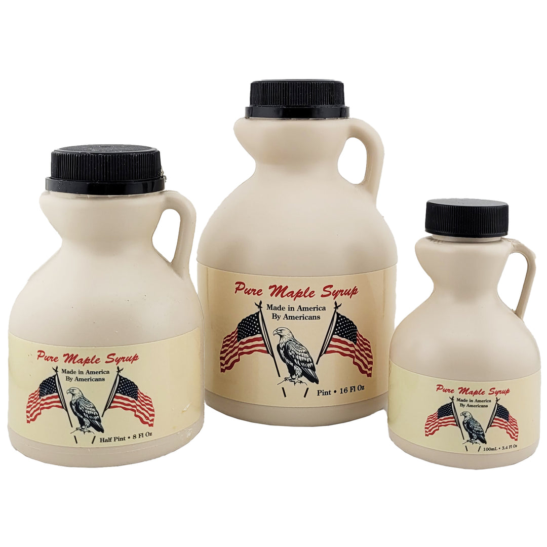 Maryland Maple Syrup Jug Sizes collage American Flag and bald eagle design
