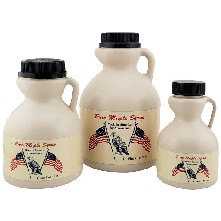 Maryland Maple Syrup Jug Sizes collage American Flag and bald eagle design