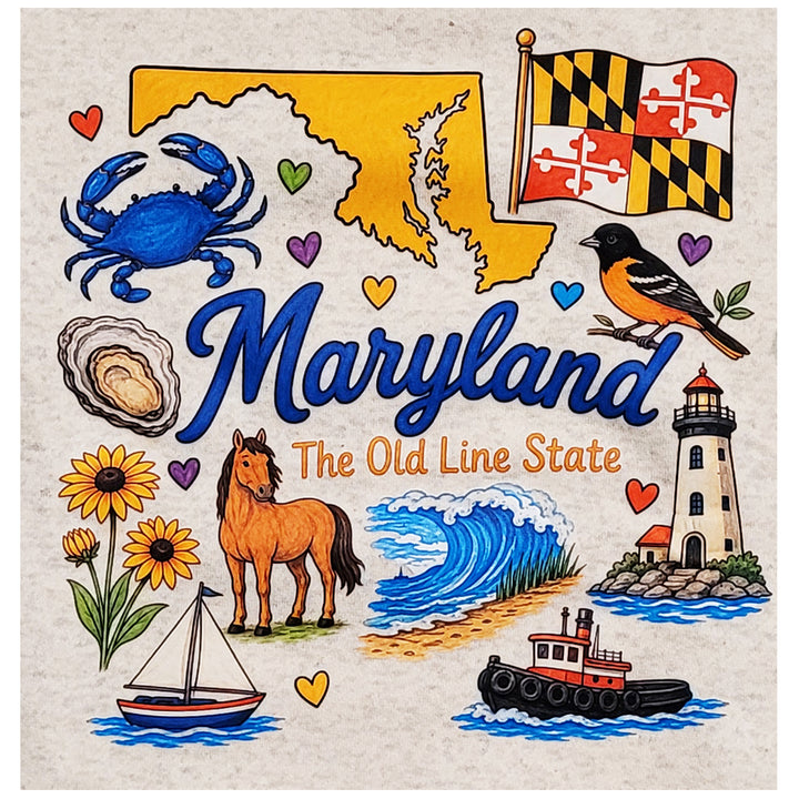 A closeup of the image on a Maryland sweatshirt featuring illustrated local icons: a blue crab, Maryland state map outline, Maryland state flag, Baltimore Oriole bird, oyster shell, lighthouse, sailboat, tugboat, horse, Black eyed Susans, a wave, and hearts on a textured oatmeal colored background. Text reads &