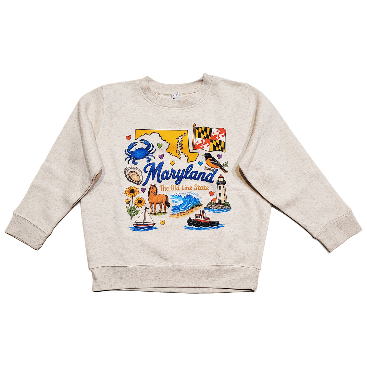 An oatmeal heather colored crewneck sweatshirt featuring a colorful graphic print of Maryland icons, including the Maryland state map, a crab, a horse, a lighthouse, boats, Black eyed susans, oriole, oyster shell, a wave and the Maryland state flag.