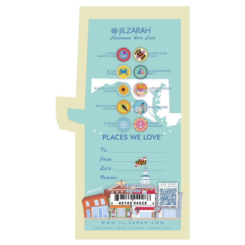 Jilzarah product packaging with a map design and various Maryland icons