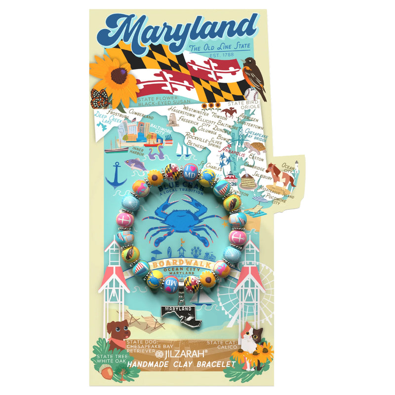 Maryland-themed handmade clay bracelet with colorful beads and map design