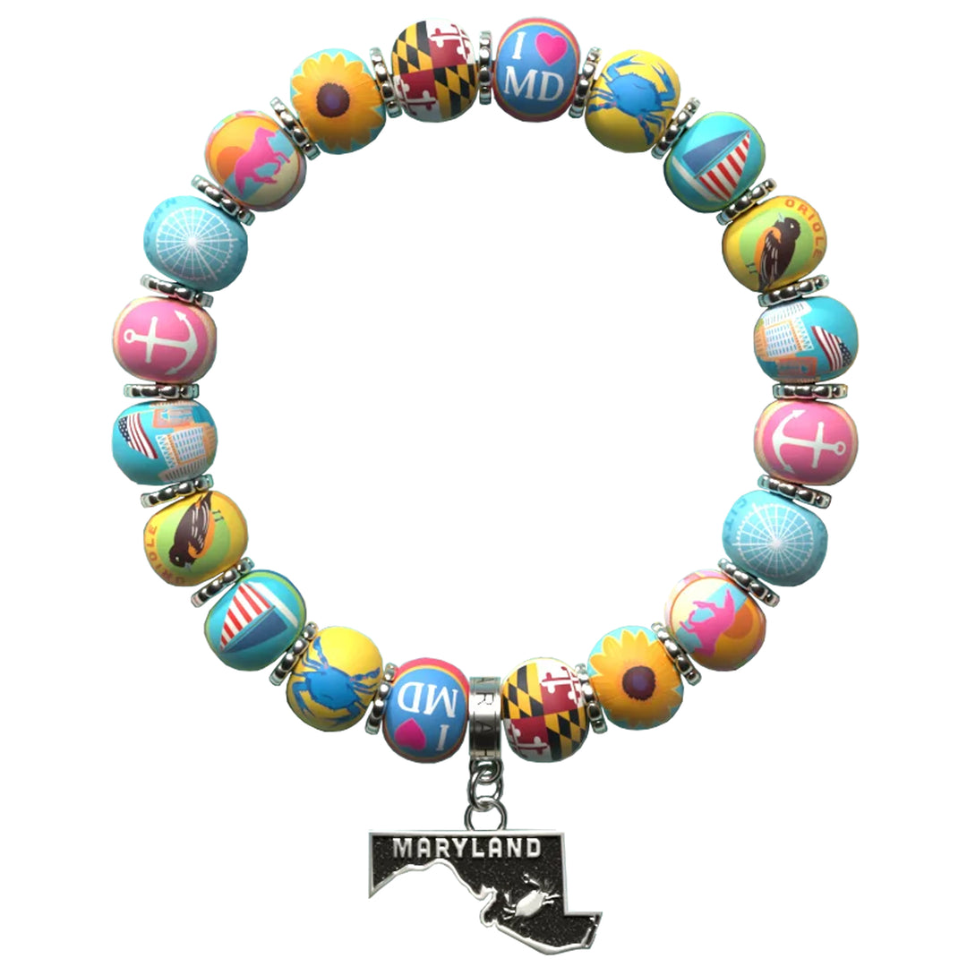 Colorful beaded stretch bracelet with Maryland-themed charm