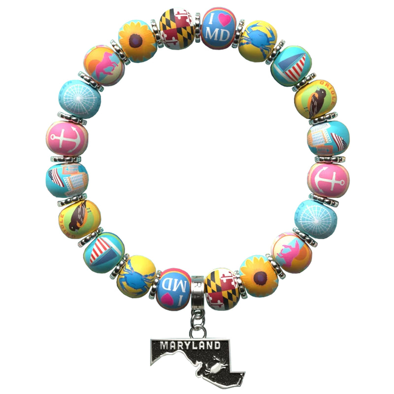 Colorful beaded stretch bracelet with Maryland-themed charm