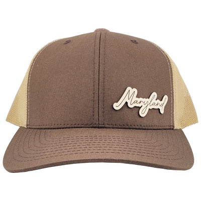 Maryland Script Leather Patch Snapback Hat - Brown