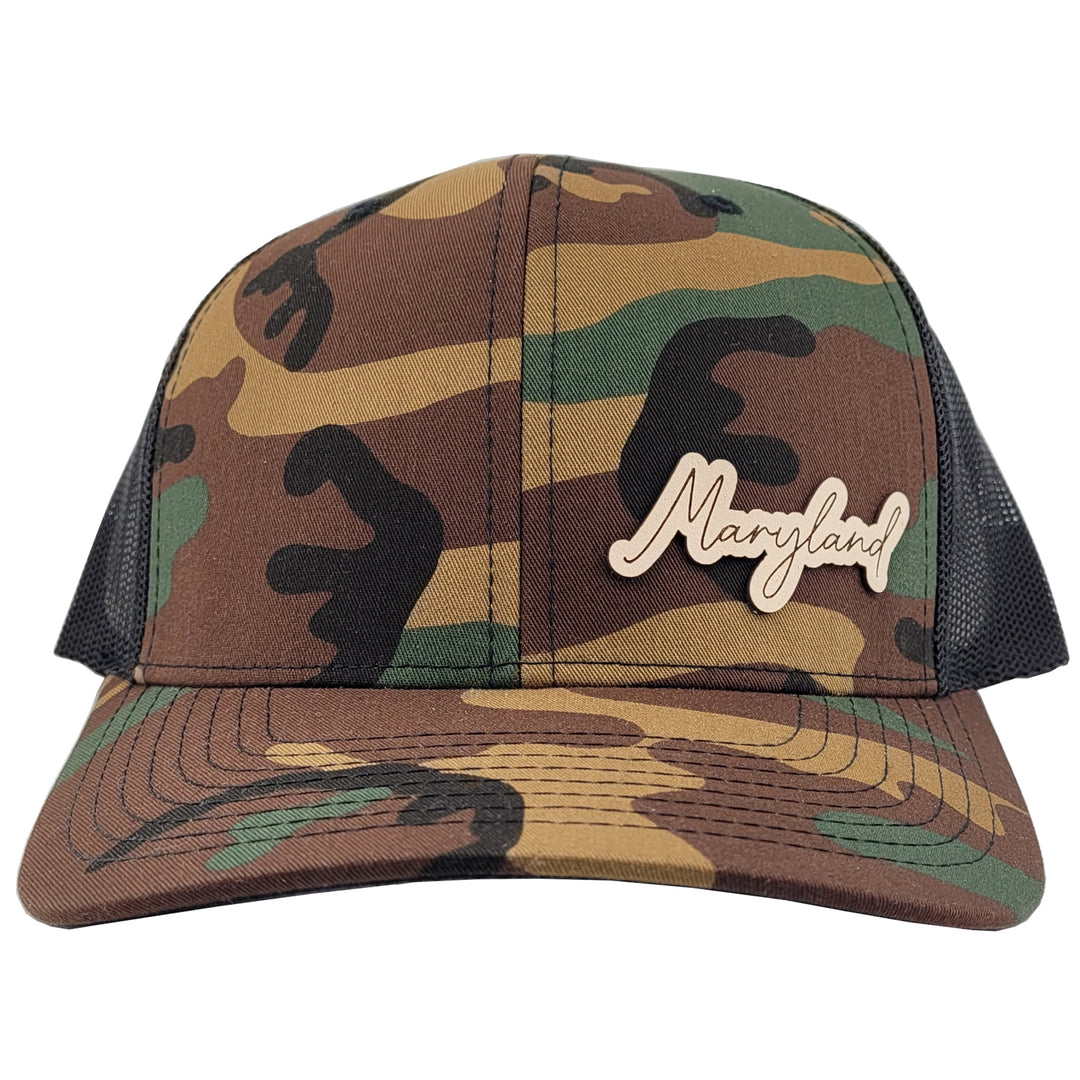 Maryland Script Leather Patch Snapback Hat - Camo