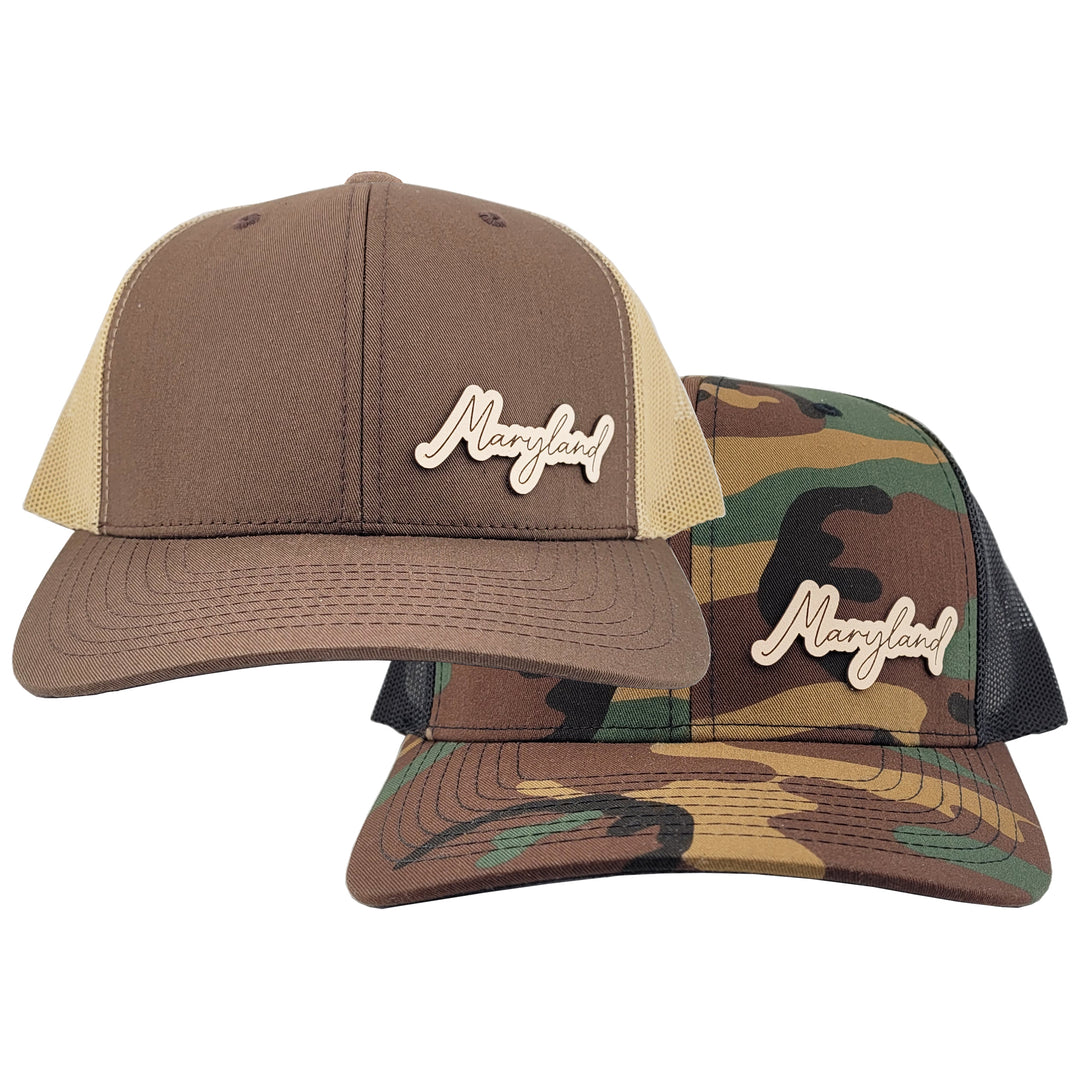 Maryland Script Leather Patch Snapback Hat - Assorted Colors