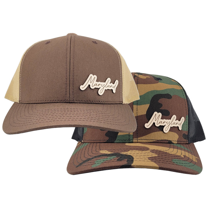 Maryland Script Leather Patch Snapback Hat - Assorted Colors