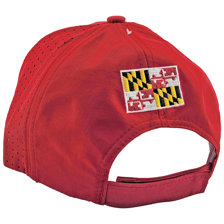maryland written in script baseball hat with vented sides in red color back view