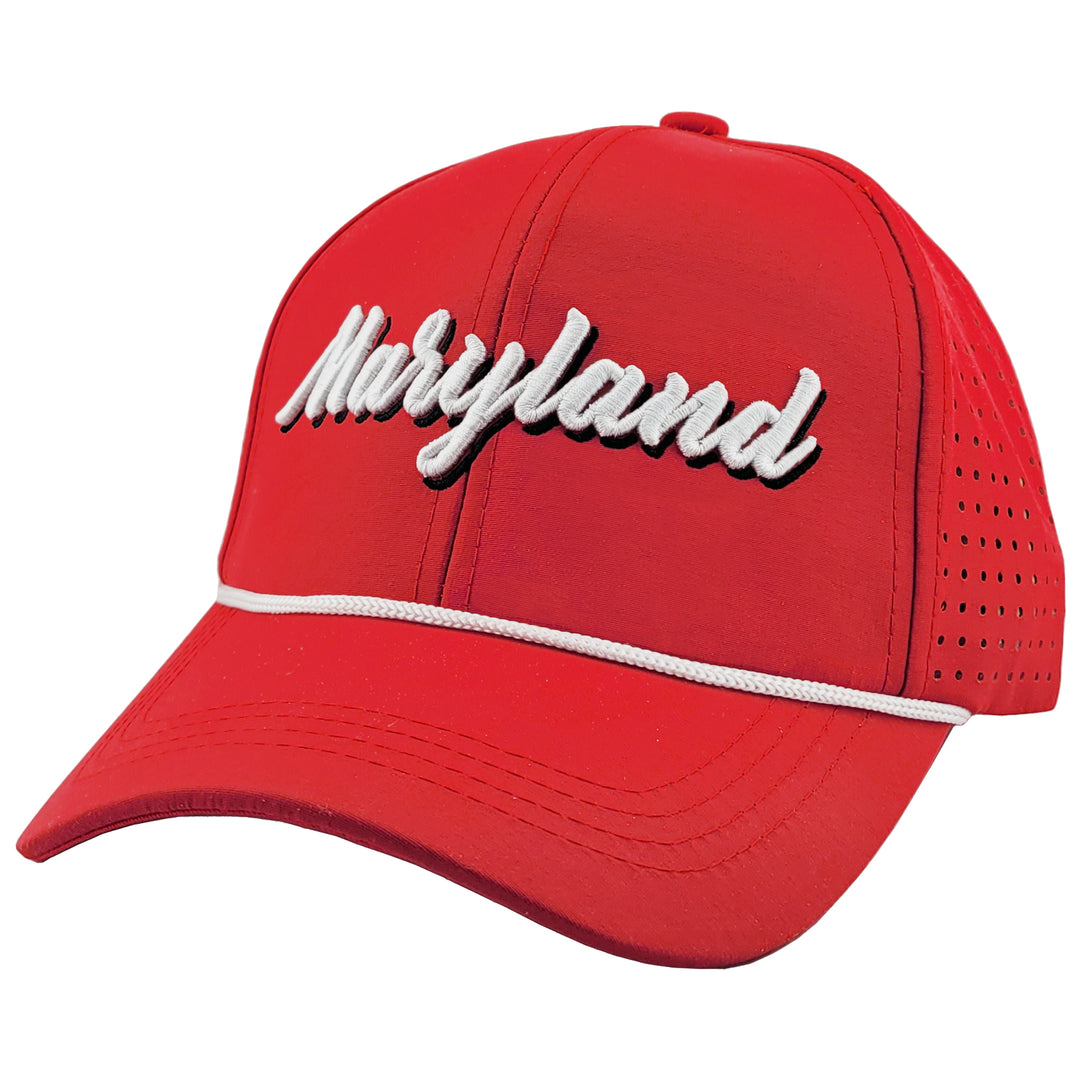 maryland written in script baseball hat with vented sides in red color