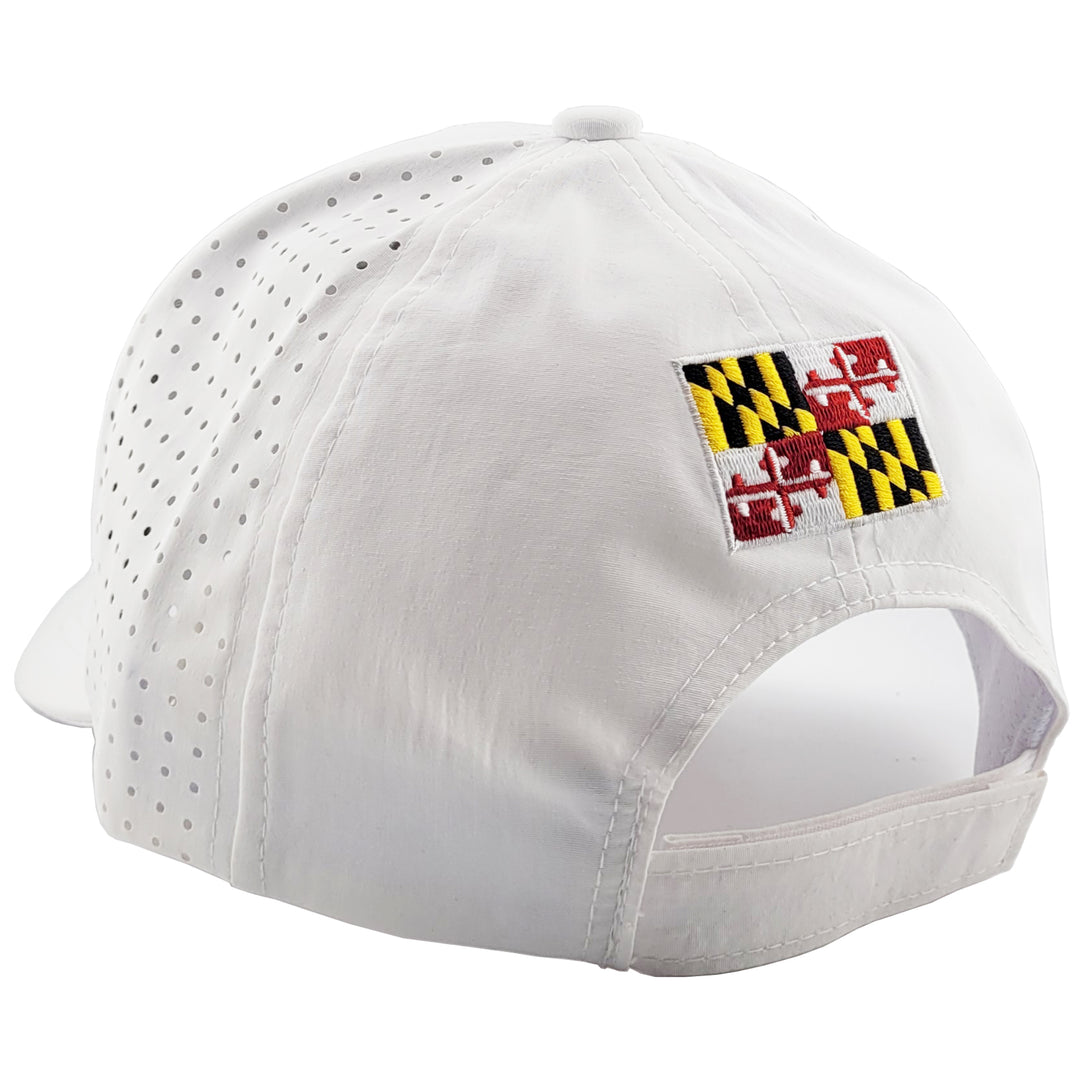 maryland written in script baseball hat with vented sides in white color back view
