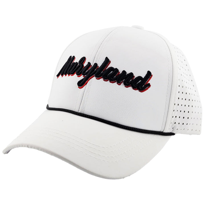 maryland written in script baseball hat with vented sides in white color