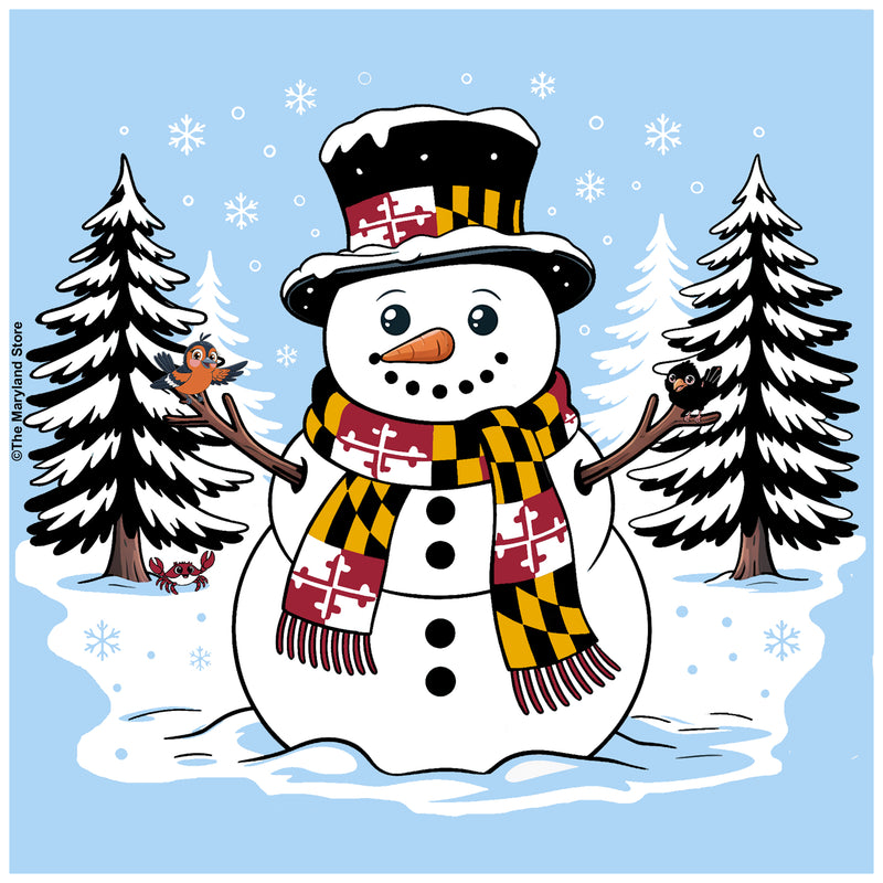 Snowman with Maryland Flag scarf and hat band with an oriole and raven on stick arms and a red crab under a pine tree with snow on the ground and trees