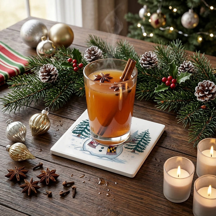 Maryland Snowman Winter Wonderland Drink Coaster shown in a festive holiday scene.