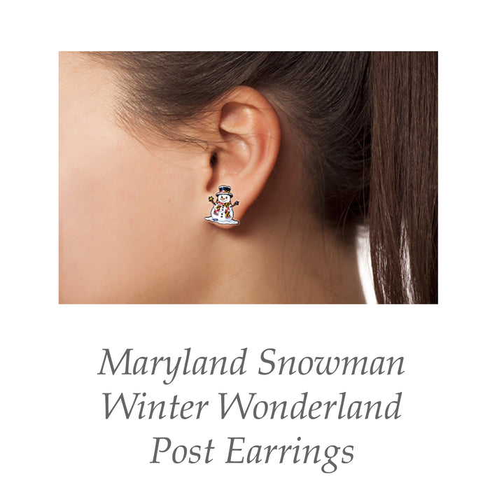 Maryland Snowman Winter Wonderland Post Earrings on a model.