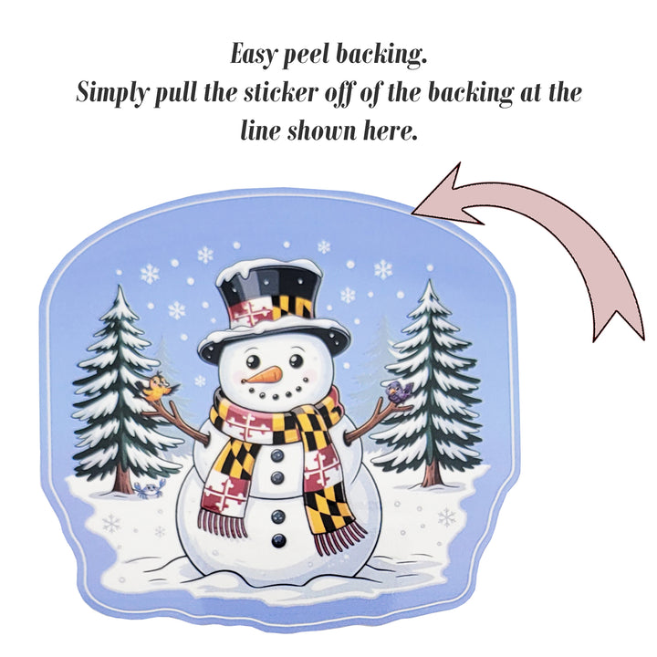 Instructions for peeling a snowman sticker with trees and text on a white background