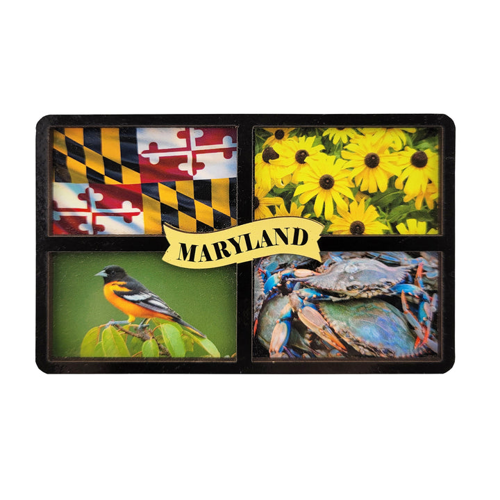 windowpane framed magnet featuring the maryland flag, black-eyed susans, baltimore oriole and blue crabs with a "Maryland" banner in the center.