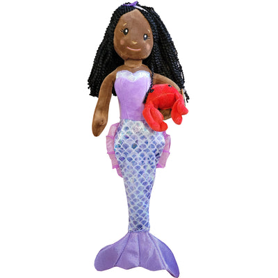 Mermaid Doll with Red Crab Friend Plush Toy - Purple Dress/Dark Skin/Raven Hair