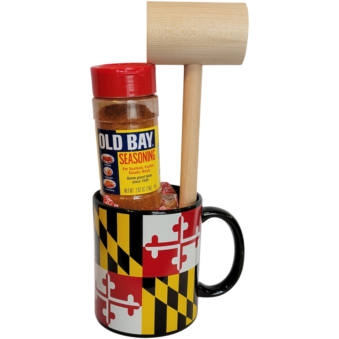 Maryland Flag Black Background Mug &amp; Mallet With Old Bay Gift Set.