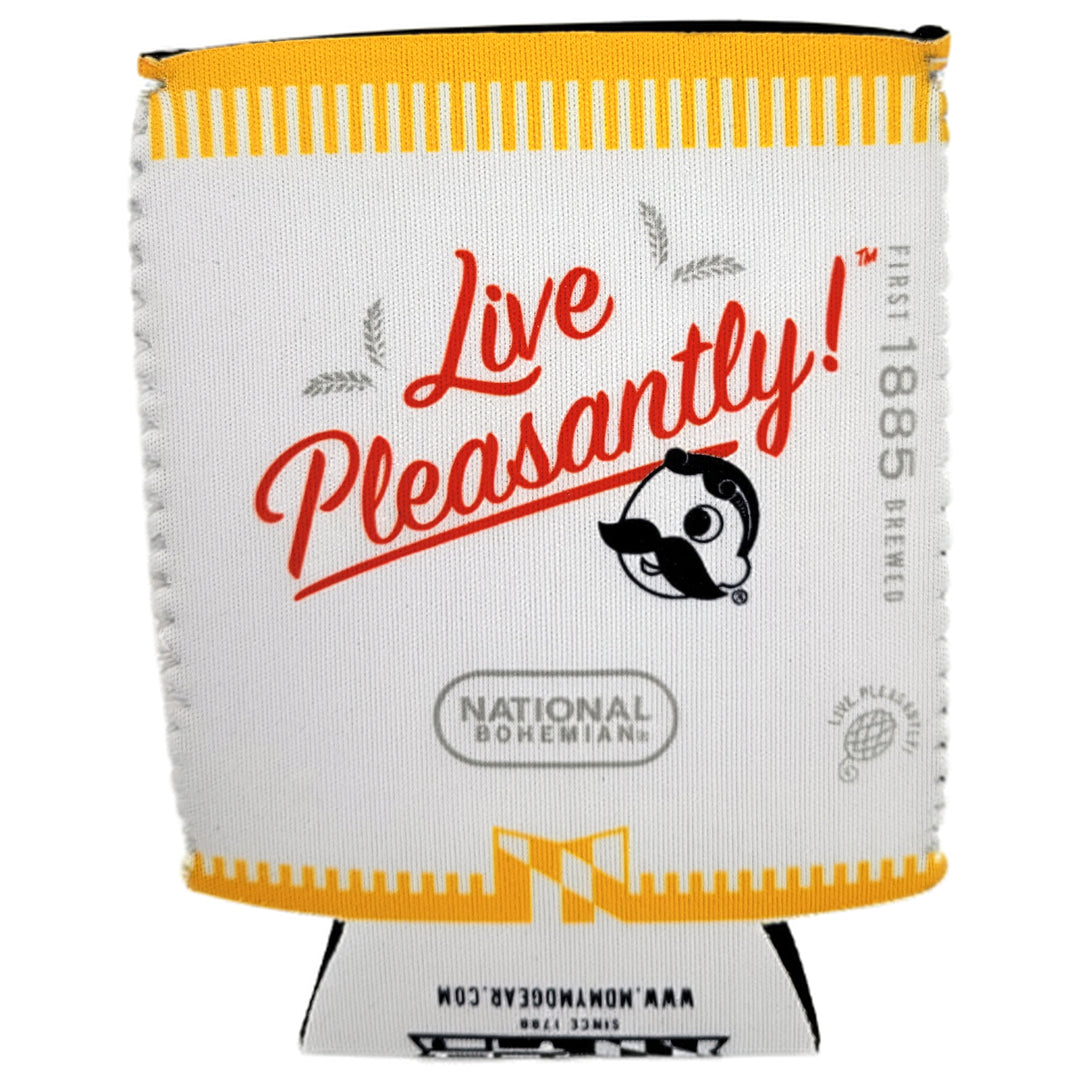 A white beverage Natty Boh can cooler with yellow trim and red script text reading &