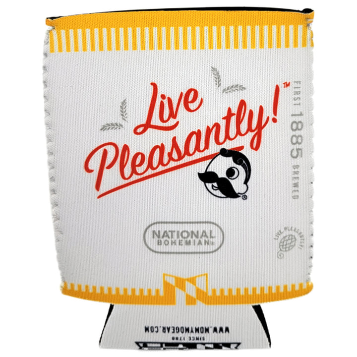 A white beverage Natty Boh can cooler with yellow trim and red script text reading &