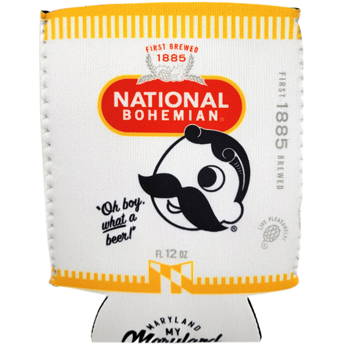 A white National Bohemian branded 12 oz can cooler sleeve with yellow trim, featuring the red and white logo and a black-and-white mustache illustration on a white background.