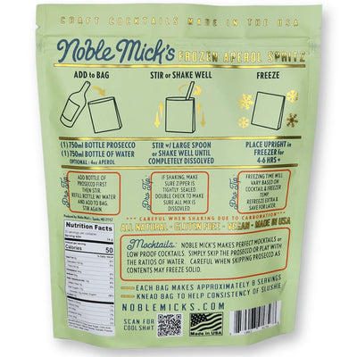 Noble Mick's Frozen Aperol Spritz cocktail mix packaging with instructions and branding.