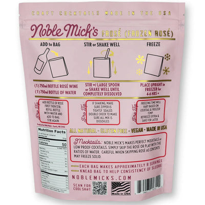 Noble Mick's Frosé Rosé Frozen Cocktail Mix instructions and packaging