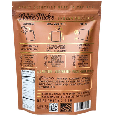 Noble Mick's Frozen Mudslide cocktail mix packaging with instructions