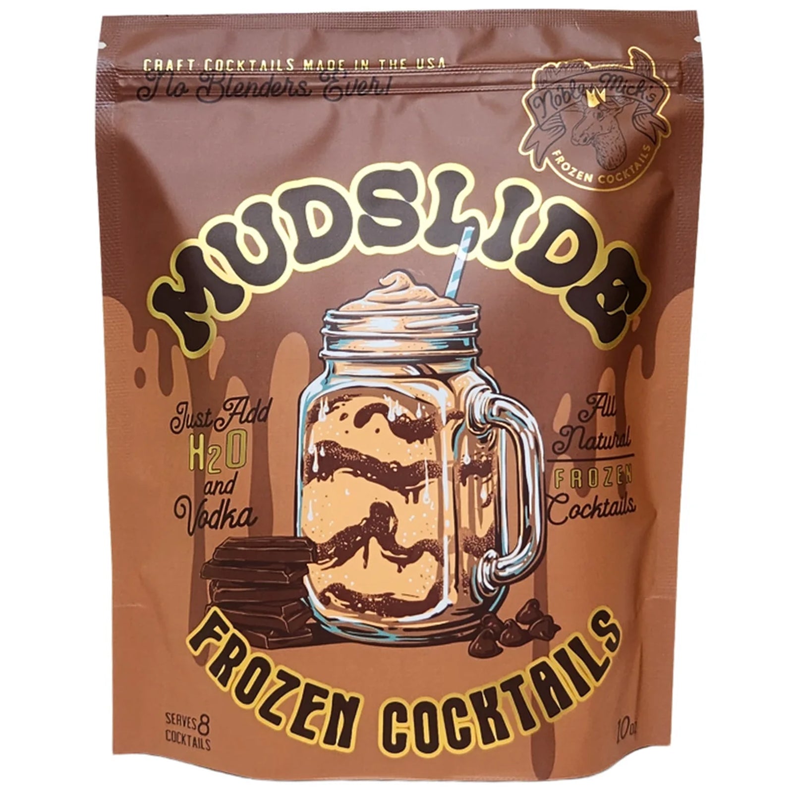 Noble Mick's Mudslide frozen cocktails packaging with mason jar illustration