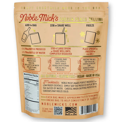 Noble Mick's Frozen Peach Bellini mix packaging with instructions and branding.
