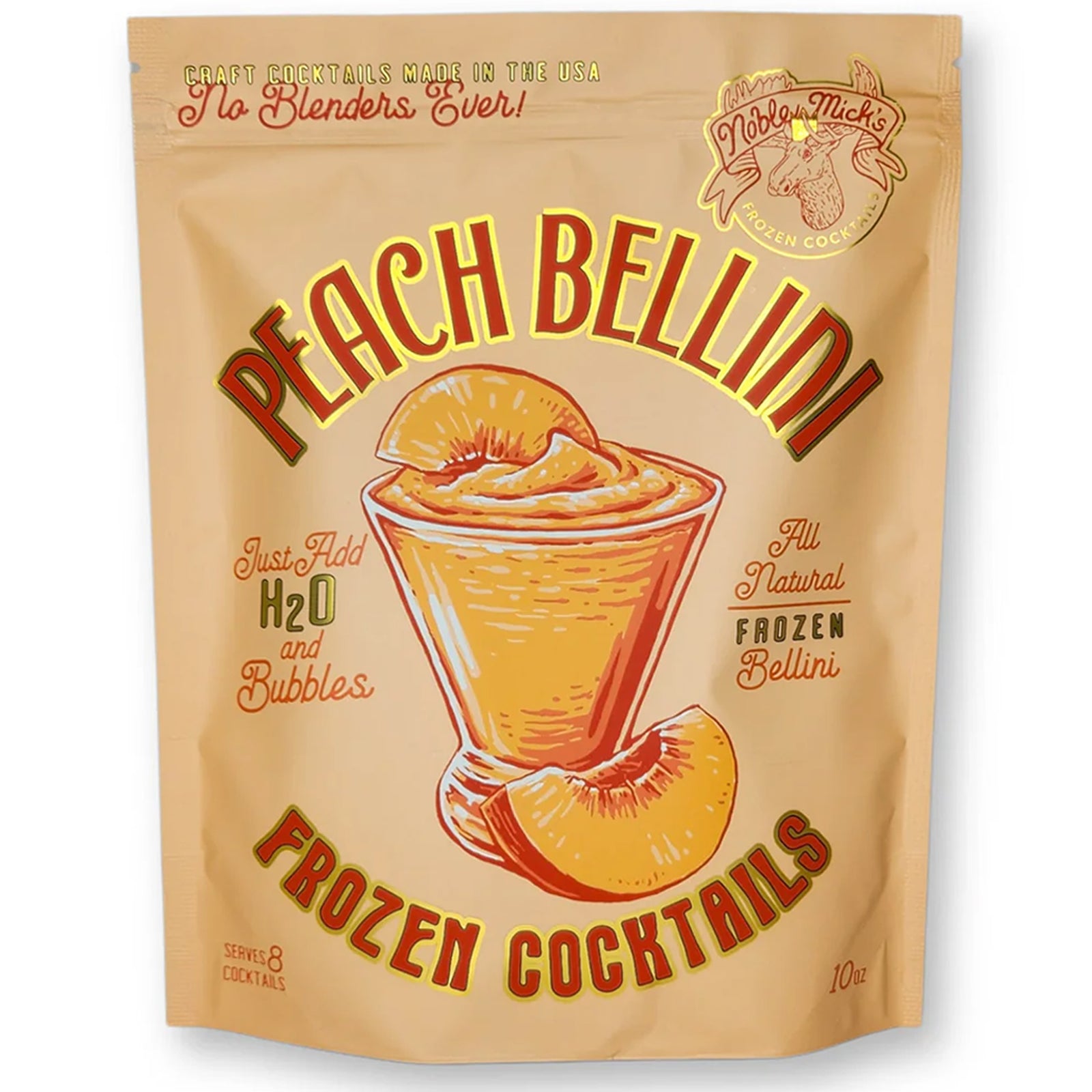 Noble Mick's Peach Bellini frozen cocktail package with branding and product illustration.