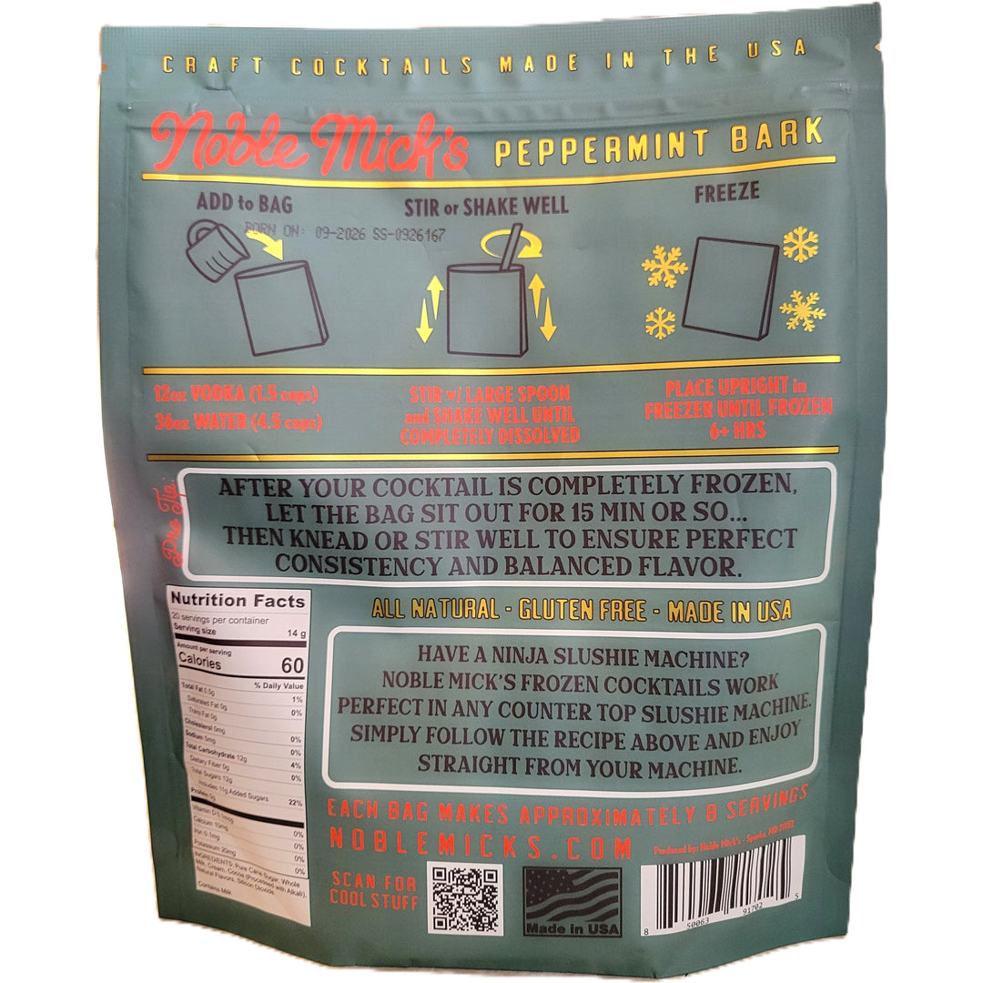 Back of a Noble Micks Peppermint Bark Frozen Cocktail Mix, showing product instructions, nutrition facts and more.