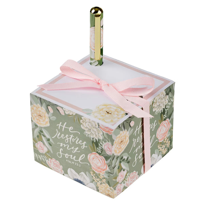 Christian Cube Notepad and Pen Set - He Restores My Soul Psalm 23:3