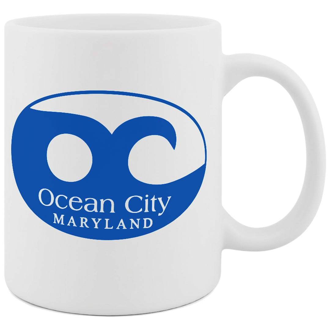 A white ceramic mug featuring the blue and white Ocean City Maryland wave logo printed on the side.