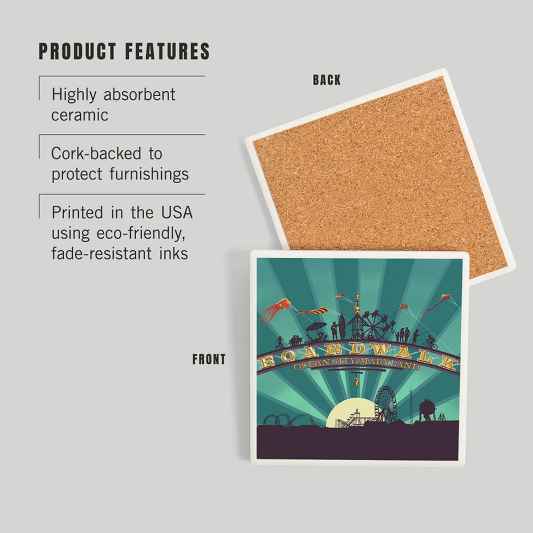 A square coasters product listing graphic on a light gray background. The image shows two views of the same coaster: one side with a natural cork backing labeled BACK, and one printed side labeled FRONT.