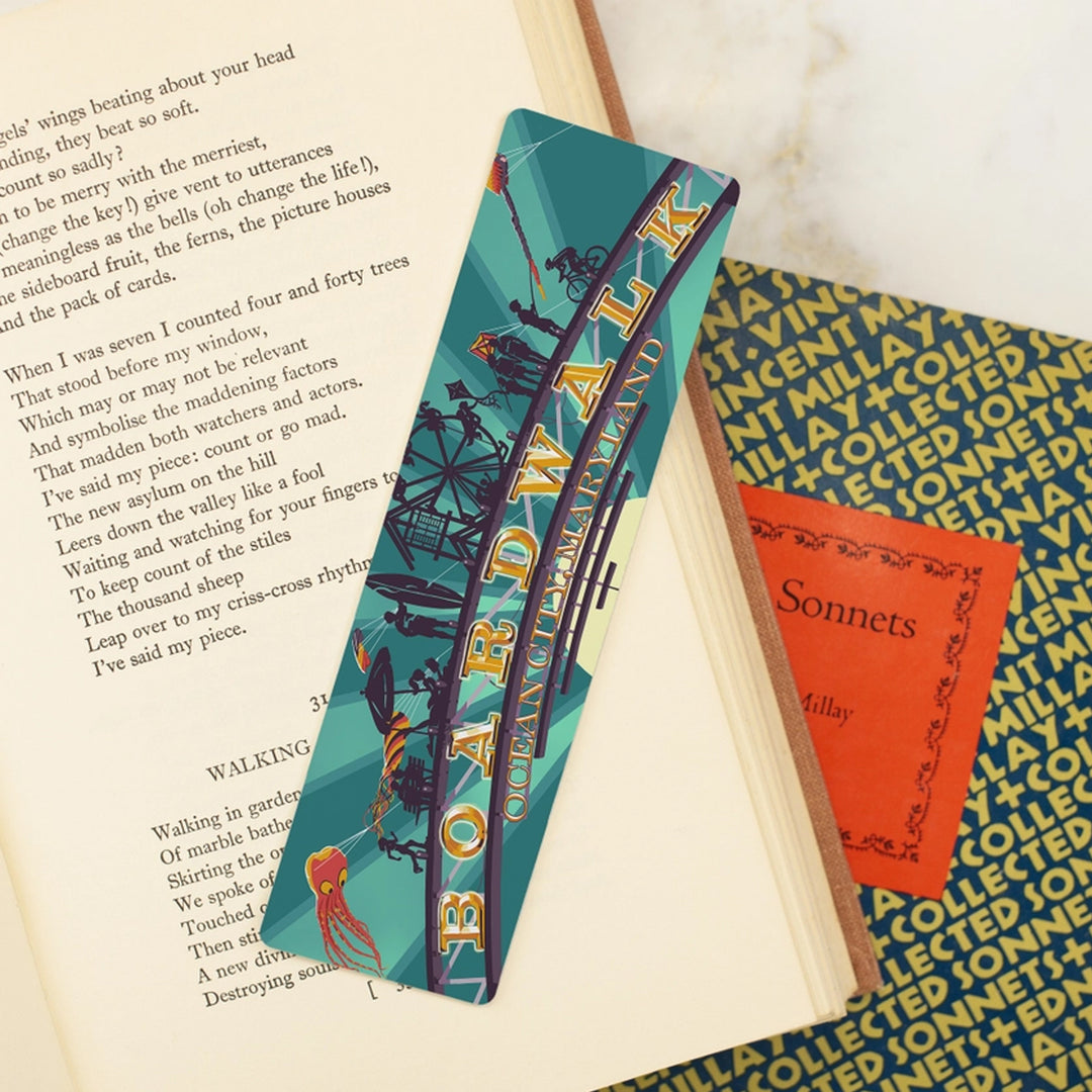Ocean City Maryland Boardwalk Arch Metal Bookmark scene with books.
