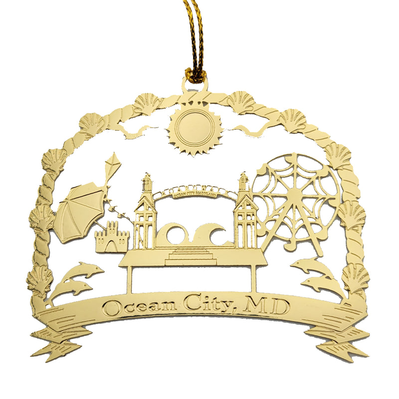 Ocean City Maryland Icons Brass Ornament